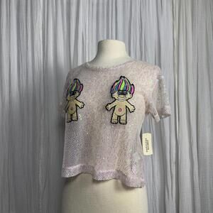 Rare Vintage Y2K Rave Forever 21 Pink Sequin Mesh Troll Crop Top (M)